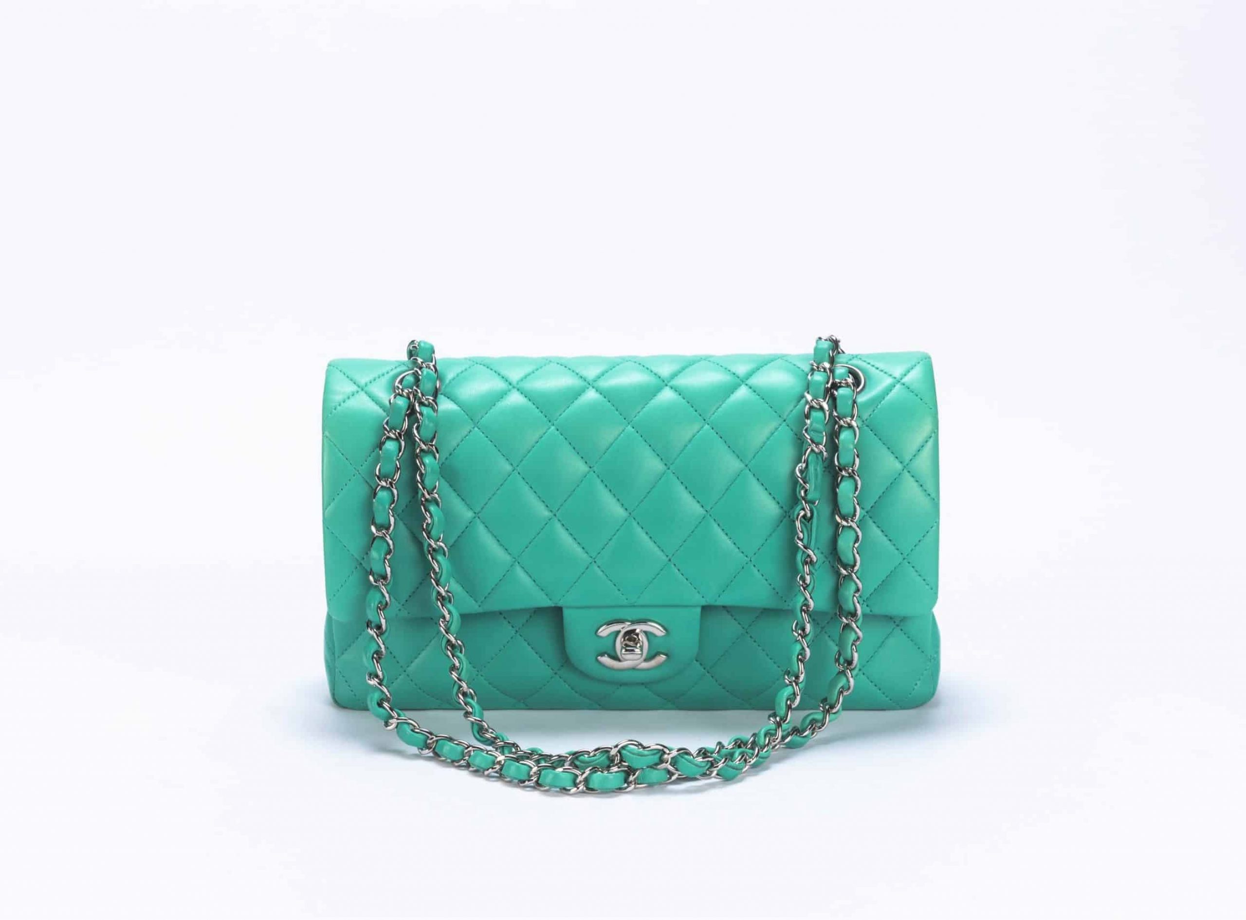 Chanel Medium Double Flap Bag Lambskin Quilted in Green with Silver Hardware (4)