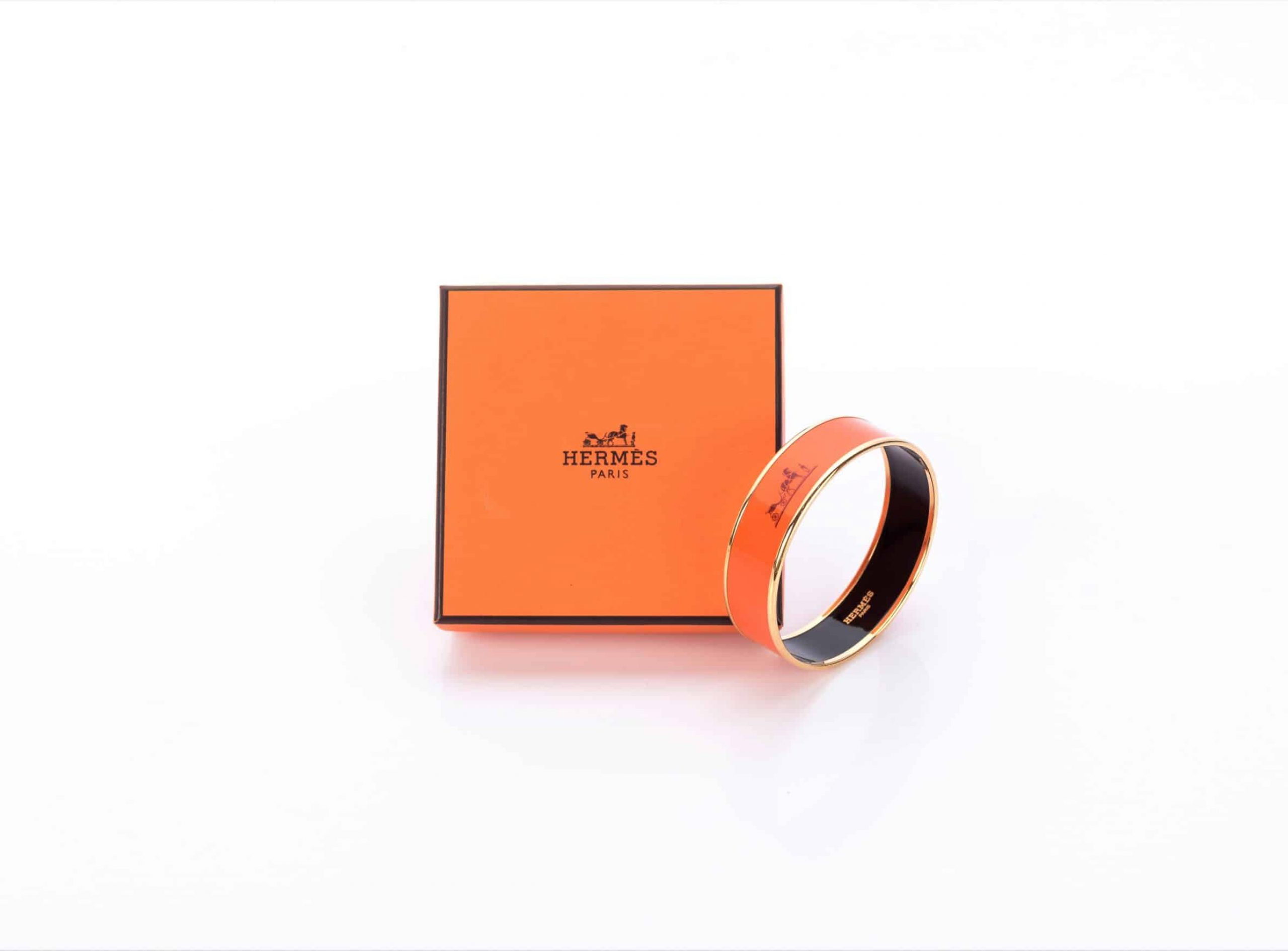 Hermes Orange Enamel Gold Plated Wide Caleche Bangle Bracelet (1)