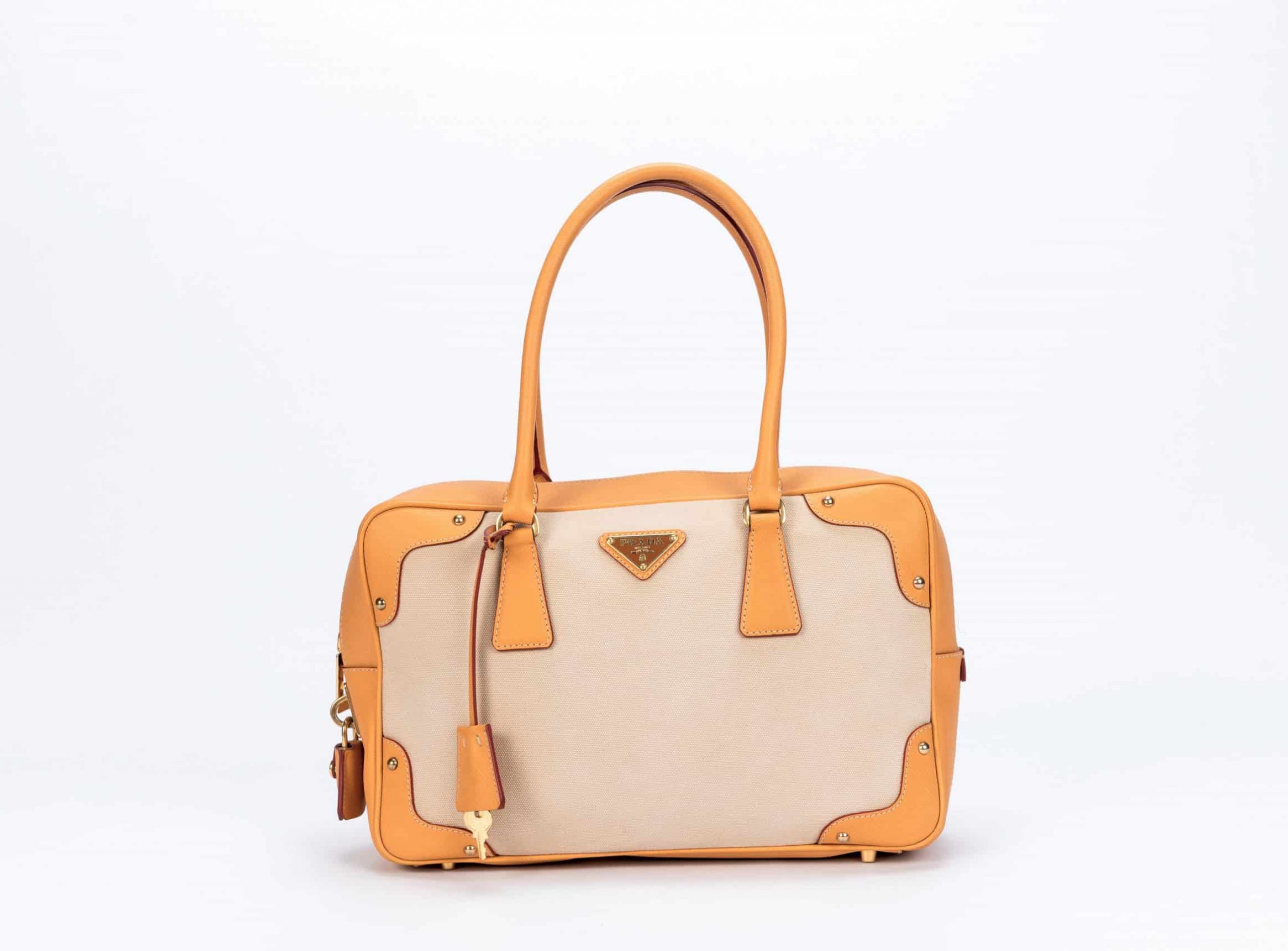 Prada Canapa Saffiano Canvas Trim Leather Top Handle Bauletto Bag (BL0095) - 1
