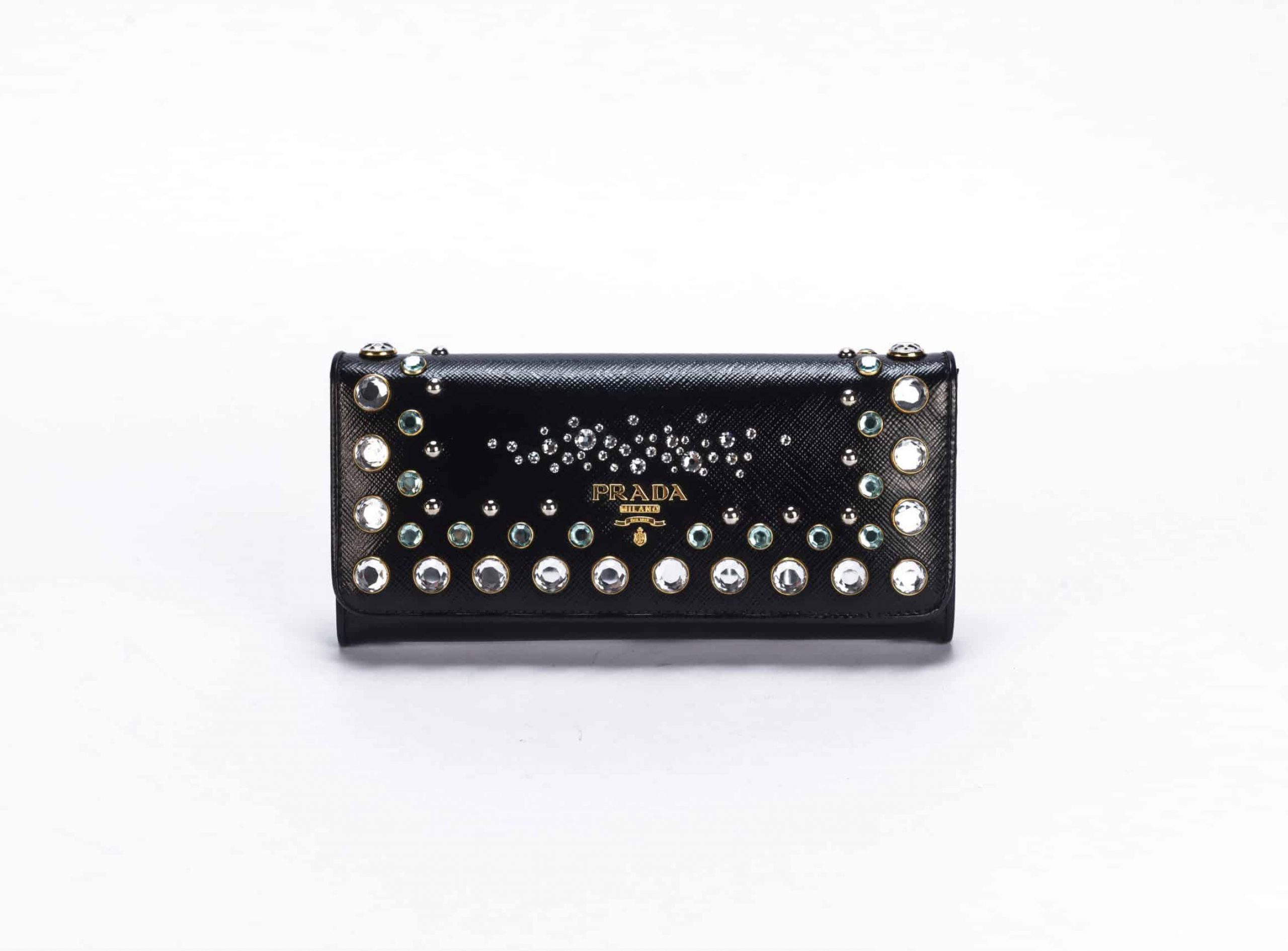 Prada Saffiano Vernice Crystal Studded Flap Wallet Black - 1
